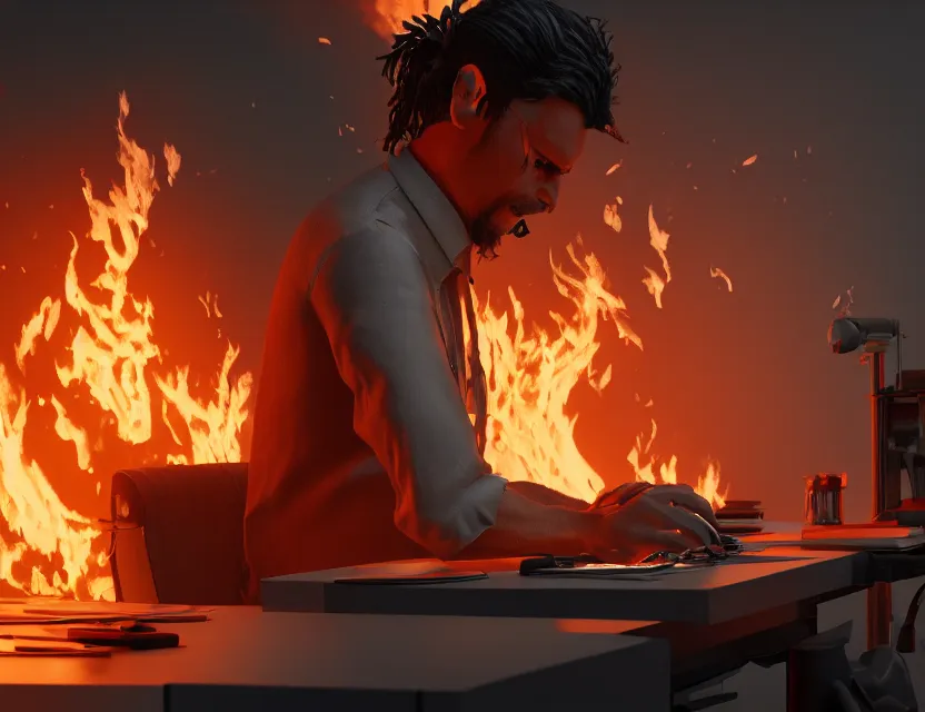 Image similar to a man works at a workstation in a very hot office with burning fires, close up, featured in artstation, octane render, intricate, ultra detailed, fantasy, concept art, sharp focus, illustration, 8 k