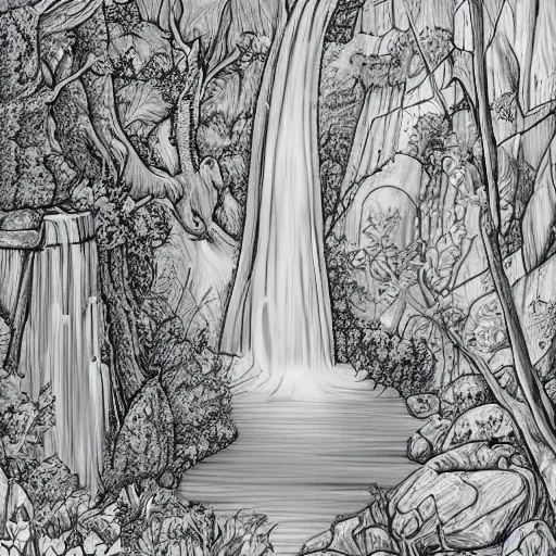 Image similar to a grayscale adult coloring page of a waterfall in the enchanted forest