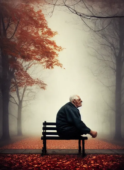 Image similar to conceptual photography portrait of an old man on a park bench fading into nothing, autumn tranquility, forgetfulness, fading to dust and leaves, oblivion, inevitability, aging, surreal portrait, moody, by tom bagshaw, hopeless, 4 k