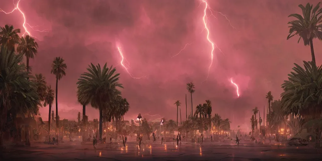 Image similar to thunderstorm in marrakech, palm trees, lightning, tsunami, flying vehicles, moroccan mosque, wlop, james jean, tom bagshaw, rococo, trending on artstation, fantasy, intricate, elegant, highly detailed, digital painting, concept art, smooth, illustration, cinematic lighting, hyper realism, octane render, 8 k, hyper detailed.