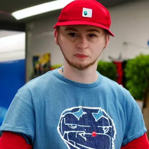 Image similar to a full body shot of an average white, short young - adult man with blue dyed hair holding a microphone, wearing a red backwards cap, white t - shirt with a red no symbol on it, blue long pants and red shoes