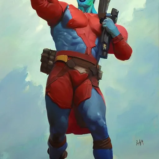 Image similar to greg manchess portrait painting of yondu as overwatch character, medium shot, asymmetrical, profile picture, organic painting, sunny day, matte painting, bold shapes, hard edges, street art, trending on artstation, by huang guangjian and gil elvgren and sachin teng