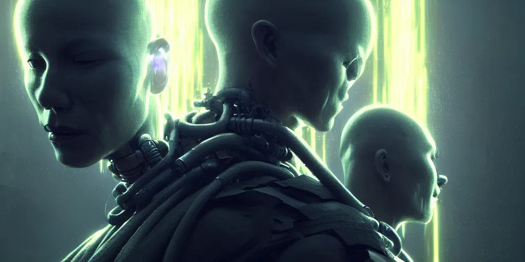 Prompt: meditating monk with cybernetic enhancements and cybernetic mohawk, scifi character portrait by greg rutkowski, craig mullins, cinematic lighting, dystopian scifi outfit, profile picture, mechanical, cyborg, half robot ultra realistic 8 k resolution.