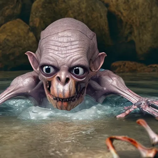 Prompt: Gollum floats on a bloody stream, bones, skeletons