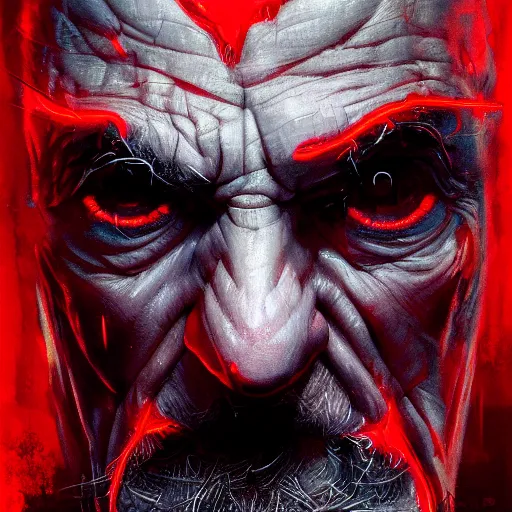 Image similar to close-up, symmetrical, portrait of an old man, glowing red eyes, bruised, scarred, marvel art, art by greg rutkowski, matte painting, trending on artstation