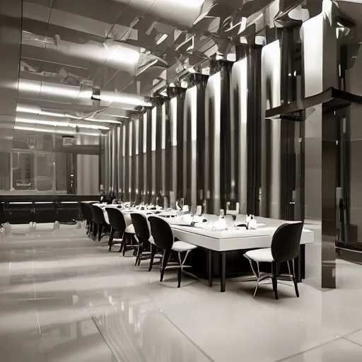 Image similar to modern high end designer restaurant at night in the foggy rain, symmetrical art deco office building with accent lighting, moody, epic composition, professional photograph, highly detailed, warm lighting interior, matte painting, large windows, large statue with wings, dramatic lighting, unreal engine, pastels