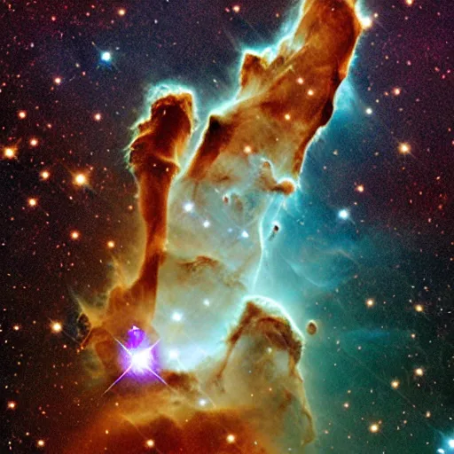 Image similar to pillars of creation nebula shaped like a cat, photographed by hubble telescope