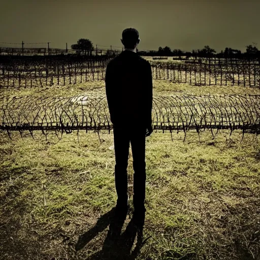 Image similar to a man standing in front of a fence with barbed wire, minimalism, dystopian art