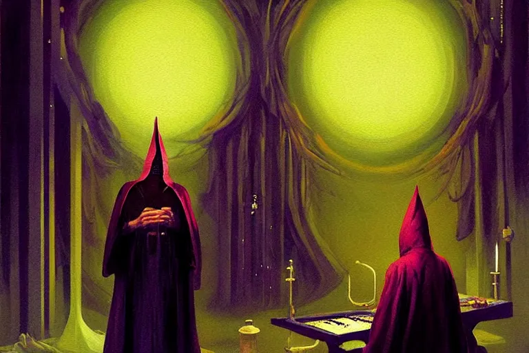 Image similar to ((A beautiful masterpiece painting) (of (a technomancer wizard (in robes (with pointed hood))) (discussing sentience with (his synthesized Al djinn) (in his laboratory (near a computer))) (by (Remedios Varo) and (Anato Finnstark) and (Greg Rutkowski)) (dayglo pink, dayglo blue, dazzle camouflage) (8k, trending on ArtStation)