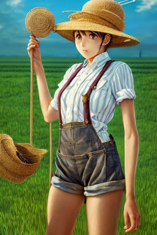 Image similar to mandragora farmer girl working on the sunny day, wearing a suspender and straw hat, artgerm, artstation, art by hiroaki samura and jiro matsumoto and yusuke murata, fantasy, box office hit, movie poster, unreal engine, octane render, sharp focus, high quality, highly detailed 8 k