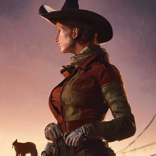 Image similar to fallout 5, charismatic beautiful, rugged, brunette female protagonist wearing a cowboy - hat, portrait, outdoors ruined cityscape, atmospheric lighting, painted, intricate, volumetric lighting, beautiful, spring, sharp focus, deep colours, ultra detailed, by leesha hannigan, ross tran, thierry doizon, kai carpenter, ignacio fernandez rios