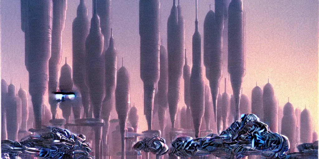 Image similar to grainy risograph matte painting of gigantic huge mech covered with rocket launchers, 5 th element, gattaca, pastel matte colors, staying in the foggy huge parking station, by moebius, hyperrealism, intricate detailed