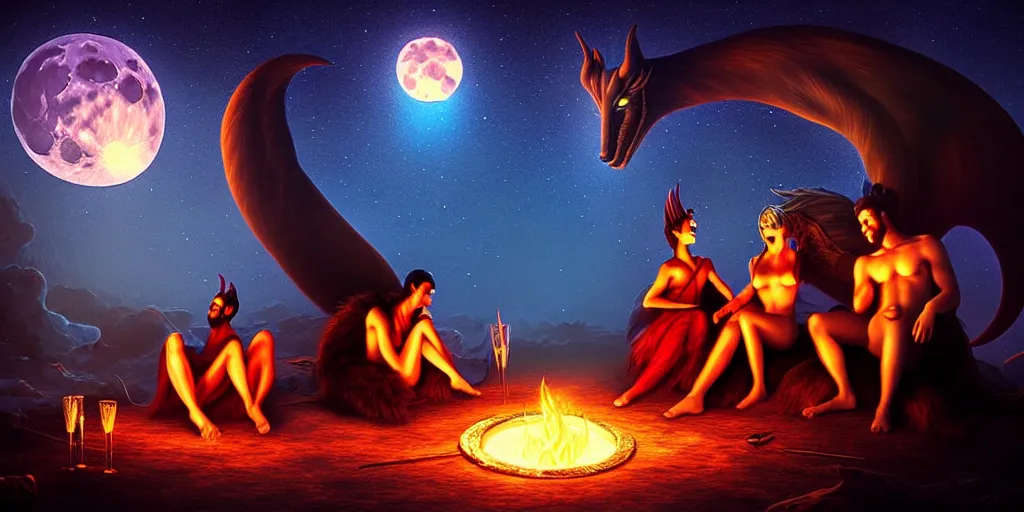 Image similar to venus infused scene at bifrost!!!!!! mythical beasts of sitting around a fire under a full moon at bifrost, surreal dark uncanny painting by ronny khalil