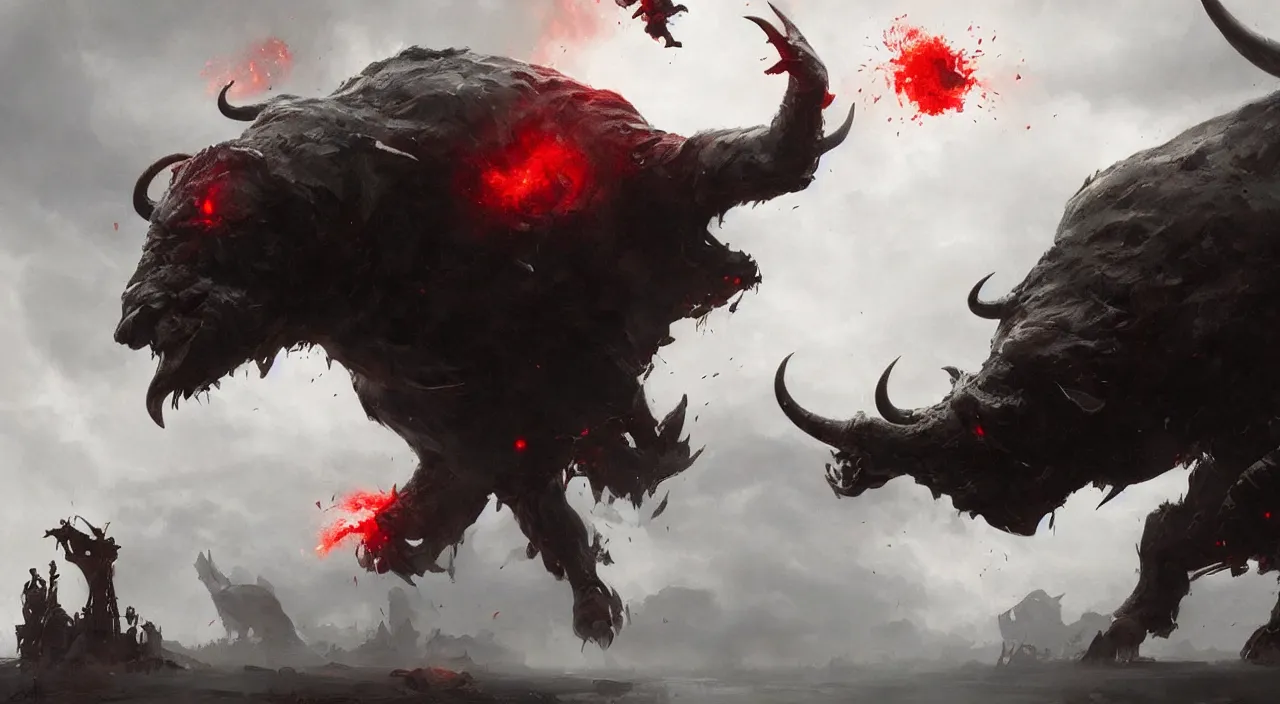 Image similar to giant angry bull with red eyes, steam breath, mysterious, epic concept art, epic painting, artstation, realistic, by greg rutkowski