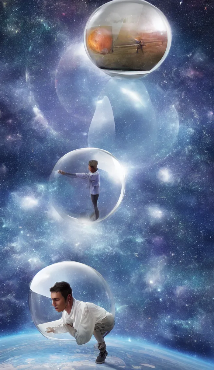 Image similar to a young man alone in one enormous transparent spherical capsule in the middle of outer space, digital art