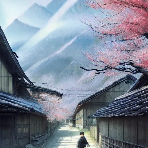 Image similar to walking around rural shirakawa - go, gifu, japan. volumetric lighting, spring late morning, nice slight overcast weather, realistic illustration, perfectly shaded, soft painting, low angle, art by krenz cushart and wenjun lin