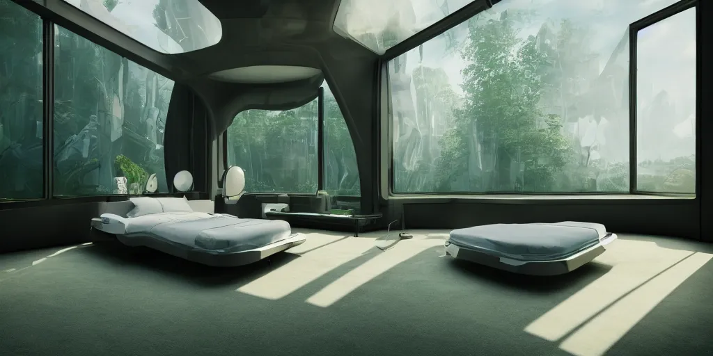 Prompt: a futuristic bed in the foreground of a futuristic minimalistic room with a huge window overlooking an lush green verdant alien planet, photorealistic, cinematic, octane render by oblivion movie thom tenery and dieter rams