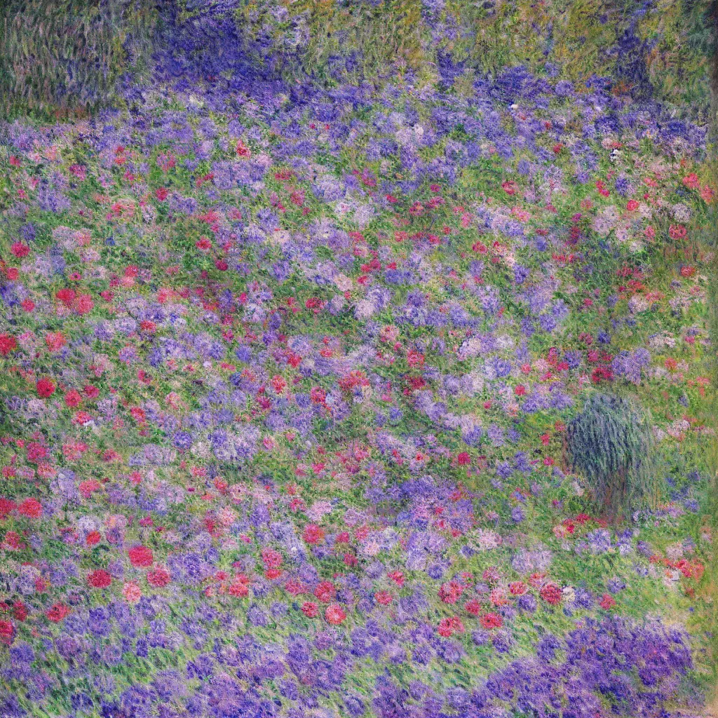 Prompt: a gorgeous garden on the edge of a cliff filled with beautiful flowers of blue and violet and pink from all around the world, monet