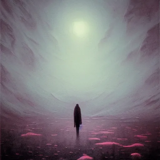 Prompt: a painting of a person standing in the snow, a surrealist painting by beksinski and by alena aenami, deviantart, nuclear art, dystopian art, apocalypse landscape, surrealist