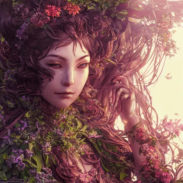 Image similar to the portrait of chaotic good female druid botanist as absurdly beautiful, gorgeous, elegant, young gravure idol, an ultrafine hyperdetailed illustration by kim jung gi, irakli nadar, intricate linework, sharp focus, bright colors, octopath traveler, final fantasy, unreal engine 5 highly rendered, global illumination, radiant light, detailed and intricate environment