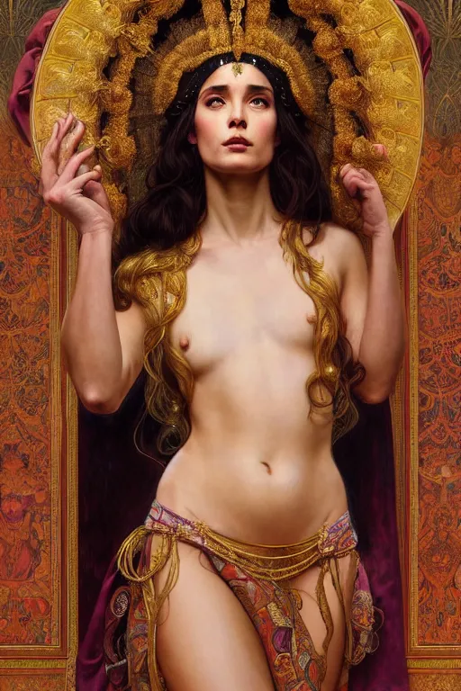 Image similar to body portrait of beautiful roman pincess wearing a flowing silk robe, wearing an ornate ancient headress, by terry o'neill intricate, elegant, highly detailed, digital painting, artstation, concept art, smooth, sharp focus, bold lighting, deep colors, dark background, illustration, art by artgerm and greg rutkowski and alphonse mucha, 8 k