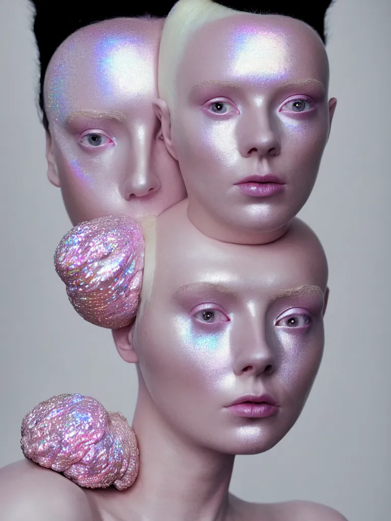 Image similar to portrait of a ethereal goddess wearing a big pearl studded iridescent beauty mask and pink hair buns, wearing a black bodysuit by alexander mcqueen, cream white background, soft diffused light, biotechnology, humanoid robot, perfectly symmetric, bjork aesthetic, translucent, by rineke dijkstra, intricate details, highly detailed, masterpiece,