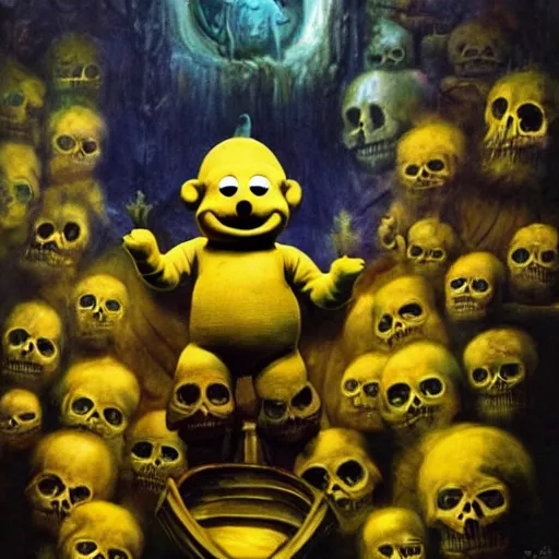 Image similar to teletubby perched atop a throne of skulls, epic dark fantasy oil painting, dimly lit masterpiece, disturbing and evil