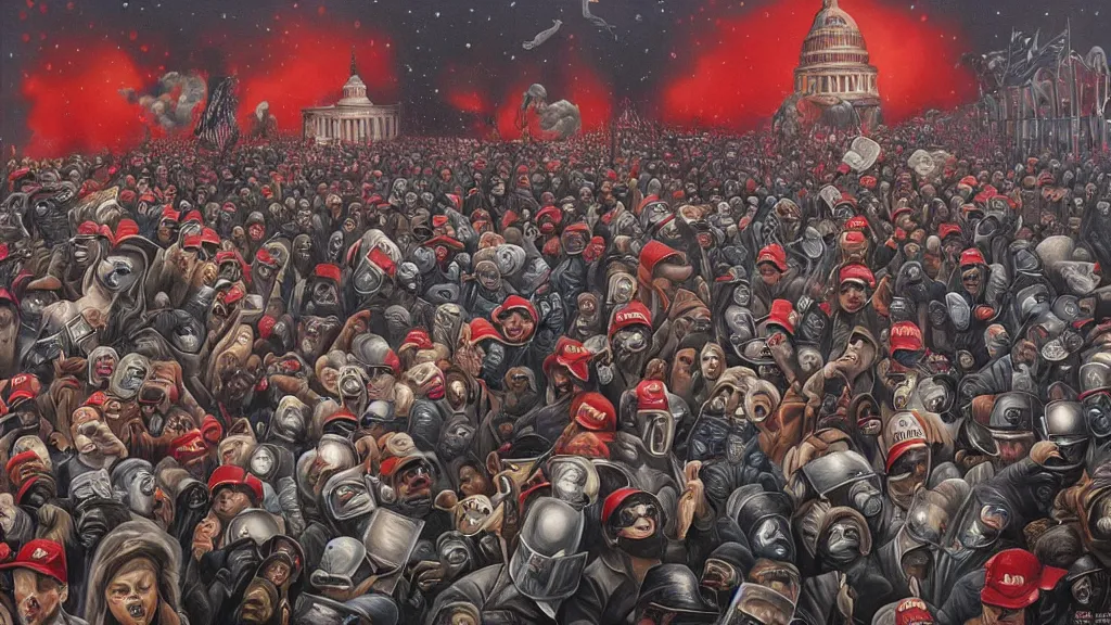 Image similar to a surreal painting by “ chris mars ” of a closeup view of the january 6 capitol riot led by “ donald trump ”. rioters are furious and are wearing red maga hats. highly - detailed contemporary artwork.