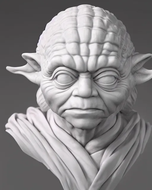 Image similar to White marble bust of Yoda by Michelangelo and Bernini, Star Wars, product shot, macro, museum, magical, enchanted, hyper realistic, orange sunlight, octane render, raytracing, trending on artstation, artstationHD, artstationHQ, unreal engine, 4k, 8k