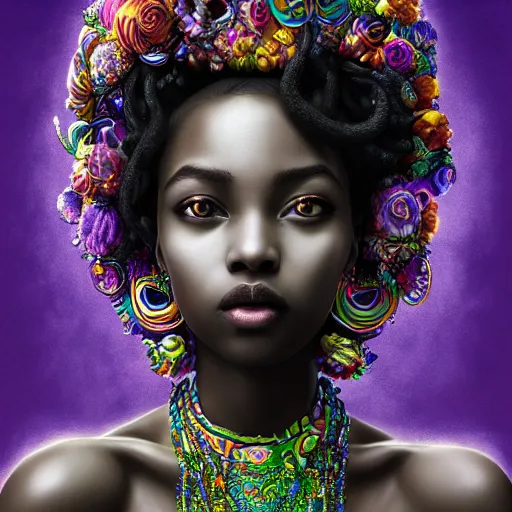 Prompt: the portrait of the absurdly beautiful, graceful, elegant, gorgeous, sensual young black girl goddess made of rainbow soul spirit, an ultrafine hyperdetailed photograph by kim jung gi, irakli nadar, intricate linework, bright colors, octopath traveler, final fantasy, unreal engine 5 highly rendered, global illumination, radiant light, intricate environment