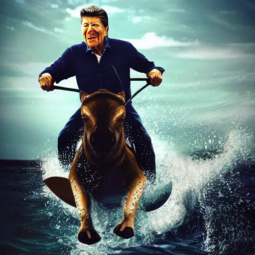 Prompt: ronald reagan riding shark, splash art, detailed face, photorealistic facial features, film still, cinematic lighting, dramatic, octane render, long lens, shallow depth of field, bokeh, anamorphic lens flare, hyper detailed, 3 5 mm film grain