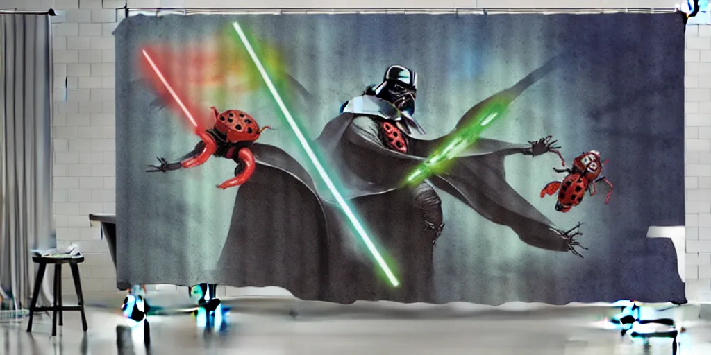 Image similar to shower curtain product catalog. wide - angle photo. on the curtain is a low - angle hero - shot watercolor of a ladybug robot fighting against darth vader. the robot has an epic showdown with darth vader. the water color has ink under drawing. highly coherent, product photography of a shower curtain, product lighting. 4 k, highly detailed. saturated.