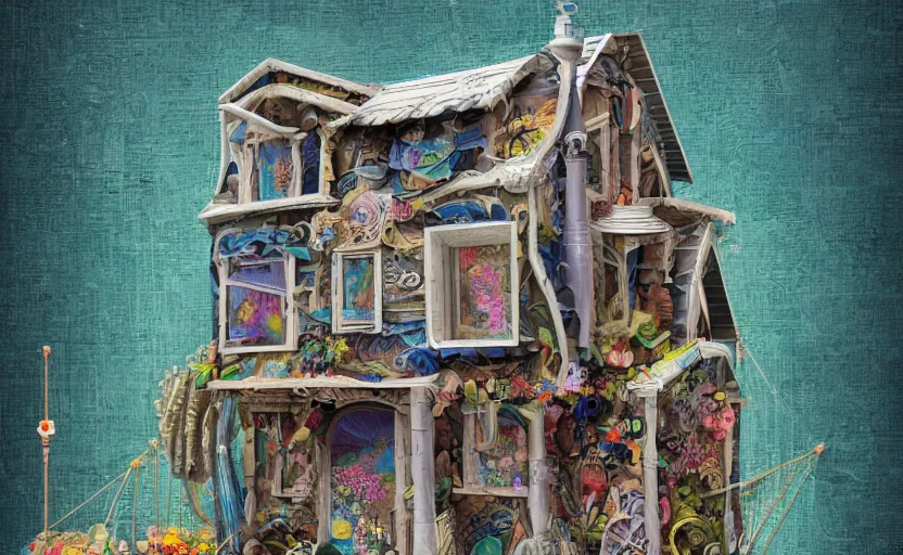 Prompt: hyperdetailed tinyhouse, seen from the distance. along a maximalist river made of paper and unexpected interesting fabric elements. 8 x 1 6 k hd mixed media 3 d collage in the style of a childrenbook illustration in soft natural tones. delicate and tender. matte background no frame hd