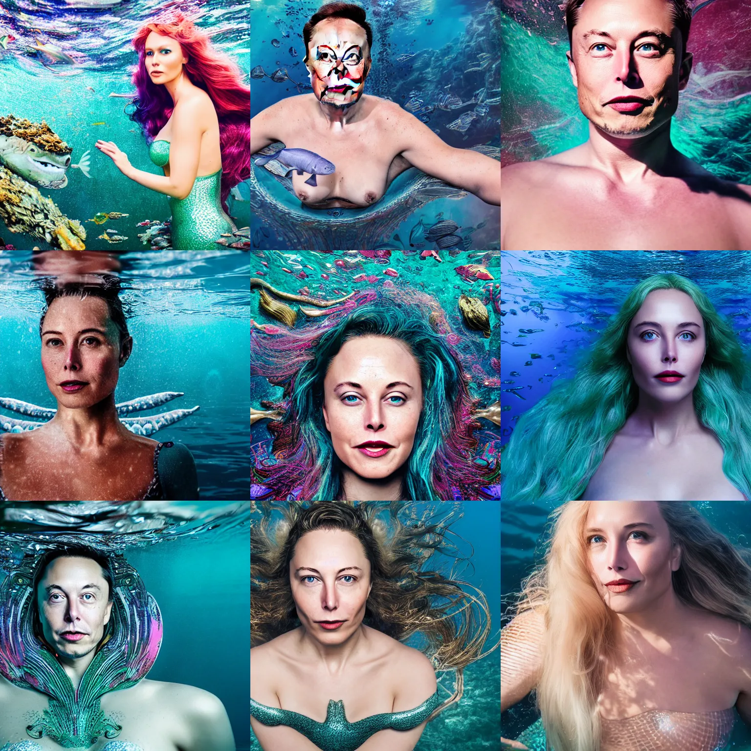 Prompt: Elon Musk as a mermaid, vogue, perfect face, intricate, Sony a7R IV, symmetric balance, polarizing filter, Photolab, Lightroom, 4K, Dolby Vision, Photography Award