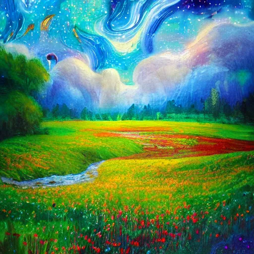 Image similar to an impressionist painting of a gorgeous meadow filled with colorful mushrooms with a stream flowing through it, psychedelic colors, starry sky in background, high detail, trending on artstation