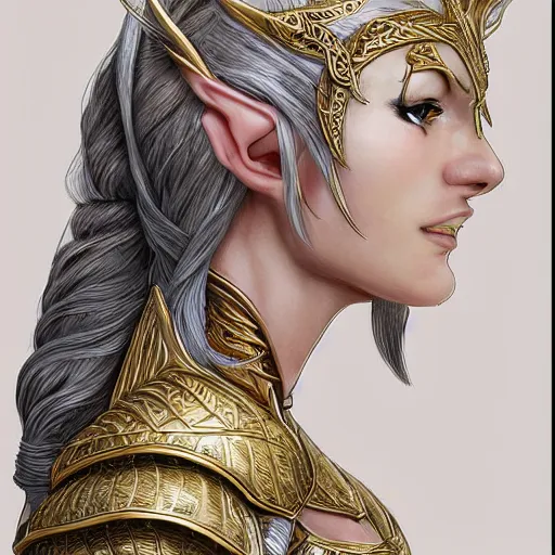 Image similar to side portrait!!! of a female elven warrior, fantasy, head tilted down, white hair, gold armour, gold jewelry, white skin, detailed face!!!!!, trending on artstation, gsociety, D&D, elegant, symmetrical facial features, highly detailed, sophisticated, hyperrealistic, detailed illustration, smooth, sharp focus, upper body, intricate, rule of thirds, holy glow, backlit, hd 4k by Greg Rutkowski, Charlie Bowater, Karol Bak