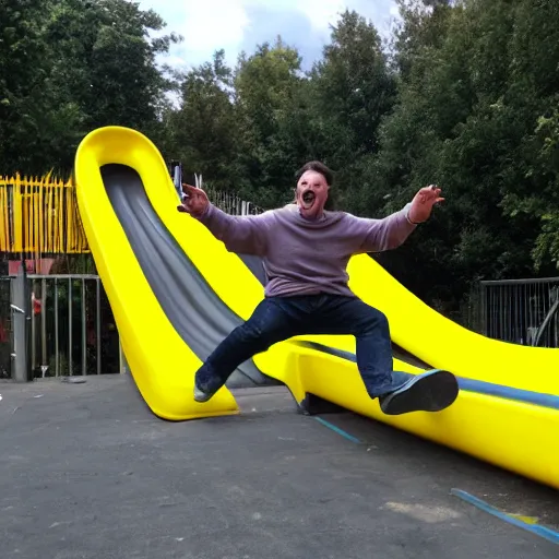 Prompt: boss ross screaming on a giant yellow slide