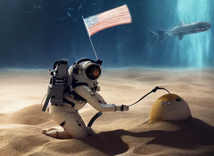 Image similar to astronaut underwater putting a flag in the sand of the bottom of the ocean. there is a submarine that looks like a rocket in the distance. dark, concept art, cinematic, dramatic, atmospheric, 8 k, trending on artstation, low visibility, zack snyder