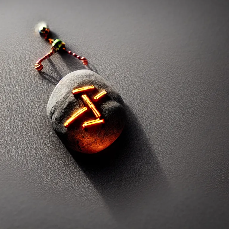 Prompt: photo of a pebble with a glowing runes drawn on it. pebble is completely wrapped with copper wire. lots of copper wire. extremely high details, octane rendering, cgsociety