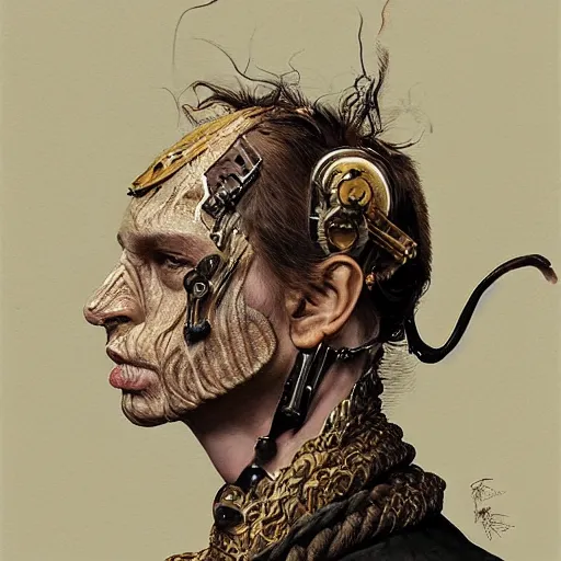 Image similar to portrait of a Shibari rope wrapped face and neck, headshot, insanely nice professional hair style, dramatic hair color, digital painting, of a old 15th century, old cyborg merchant, amber jewels, baroque, ornate clothing, scifi, realistic, hyperdetailed, chiaroscuro, concept art, art by Franz Hals and Jon Foster and Ayami Kojima and Amano and Karol Bak,