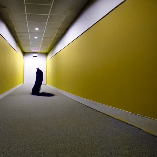 Prompt: the creature from It Follows in a Liminal space, the backrooms, office/thrift store/social hall, carpet, abandoned, poor fluorescent lighting, yellow tint, security camera footage, low resolution