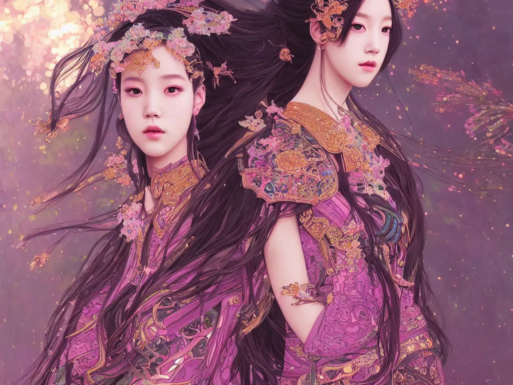Image similar to portrait jisoo blackpink, wearings samurai colorpunk armor, in temple firefly stormy sparkles night, ssci - fi and fantasy, intricate and very very beautiful and elegant, highly detailed, digital painting, artstation, concept art, smooth and sharp focus, illustration, art by tian zi and wlop and alphonse mucha