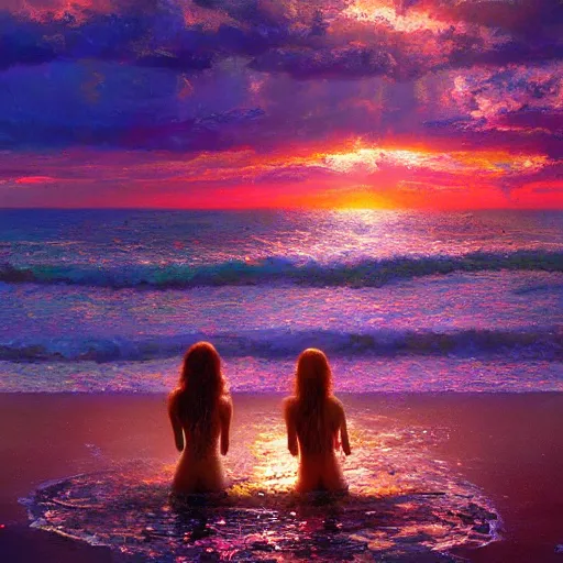 Prompt: twin flame pleadians with mermaid towers and sparkling ocean with pink sunset and mermaids swimming hue highly detailed oil painting hue by craig mullins