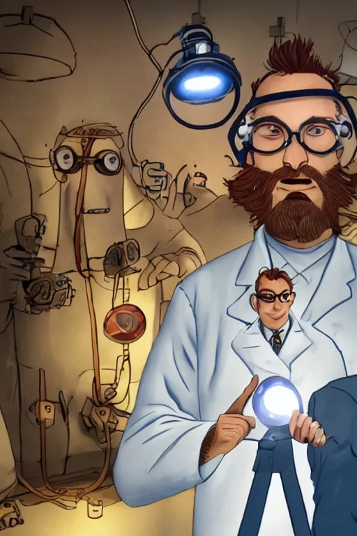 Image similar to a person with 3 eyes, person with a 3rd eye in the middle of their forehead, an awkwardly tall scientist with 3 eyes and a tangled beard and unruly red hair atop his balding head wearing a headlamp a labcoat and welding goggles and holding a beaker, led headlamp, high resolution film still, movie by Ivan Reitman