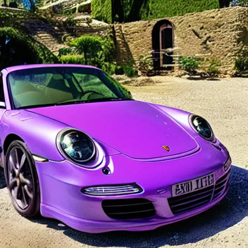 Prompt: a house made of translucent purple colored water in high quality with a porsche 9 1 1