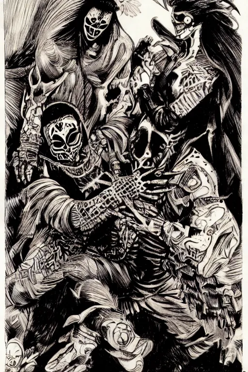 Prompt: Illustration of the Lucha Bros Rey Fenix and Pentagon Jr day of the dead, art by bernie wrightson