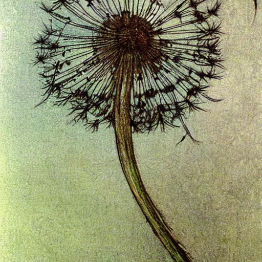 Image similar to a beautiful fairytale painting of a dandelion seed that is also a fairy. the dandelion seed is the body of the fairy. beautiful clear painting by arthur rackham