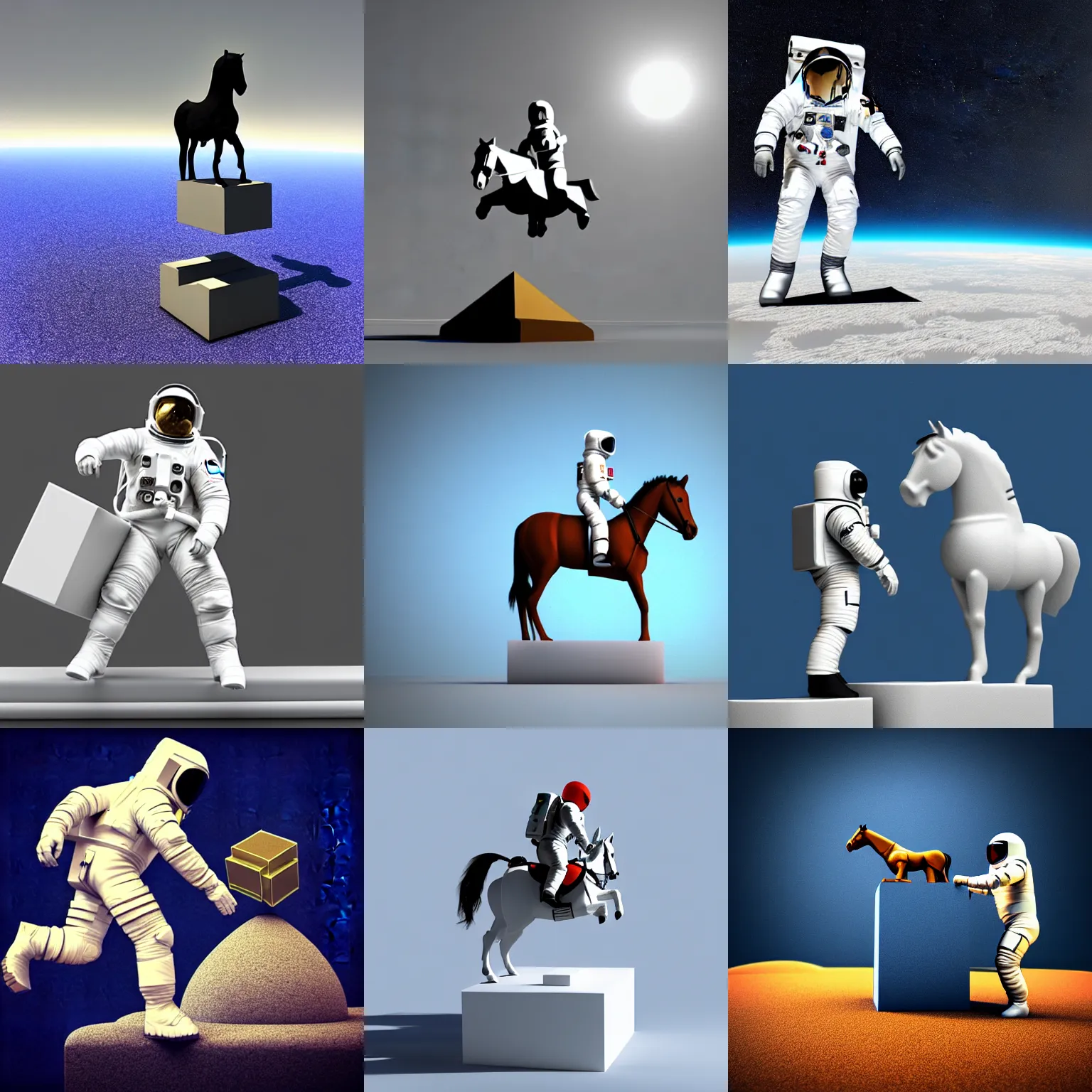 Prompt: an astronaut named jake standing on a cube. the horse named lm stands on the jake. lm above jake. minimalist style, 3 d render.