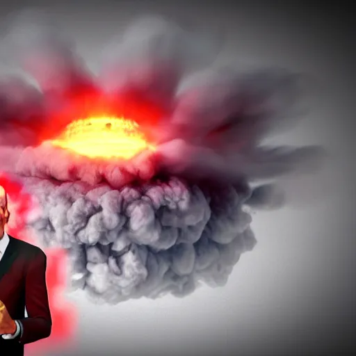 Image similar to A hyperrealistic 3D render of a nuclear explosion reflected in the bleeding eyes of a man in a suit smoking a cigar