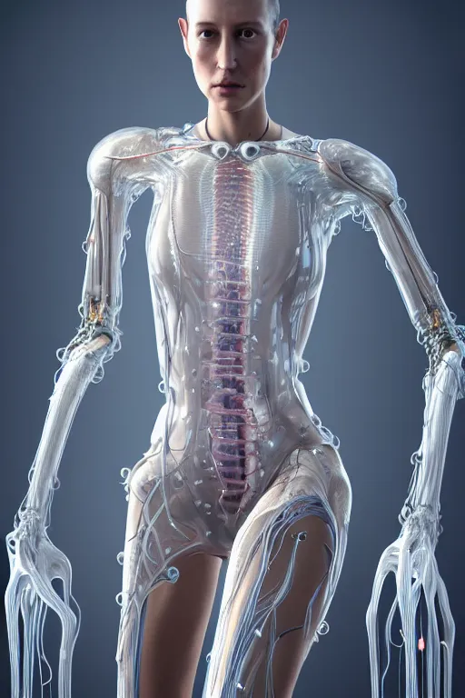 Prompt: young woman, iris van herpen, beautiful face, perfect symmetrical body, full body shot, inflateble shapes, wires, tubes, veins, jellyfish, white biomechanical details, wearing epic bionic cyborg implants, masterpiece, intricate, biopunk, vogue, highly detailed, artstation, concept art, cyberpunk, octane render